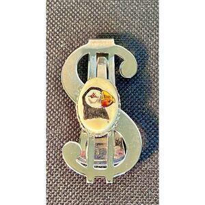 Vintage Dollar Sign $ Money Clip W Bird/Penguin Pendant Silver-Tone Stainless